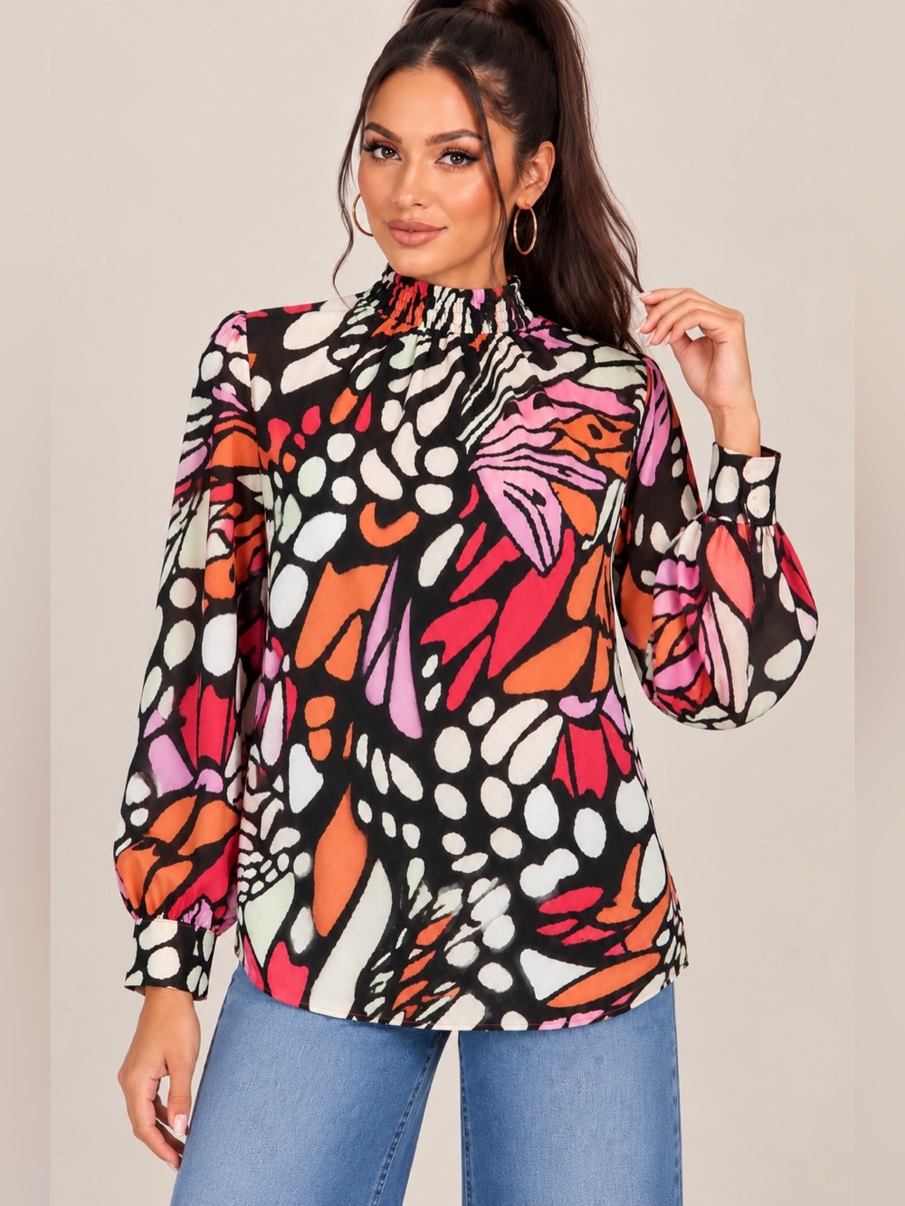 JODIFL Multicolor Abstract Mock Neck Blouse in Pink, Red & Cream